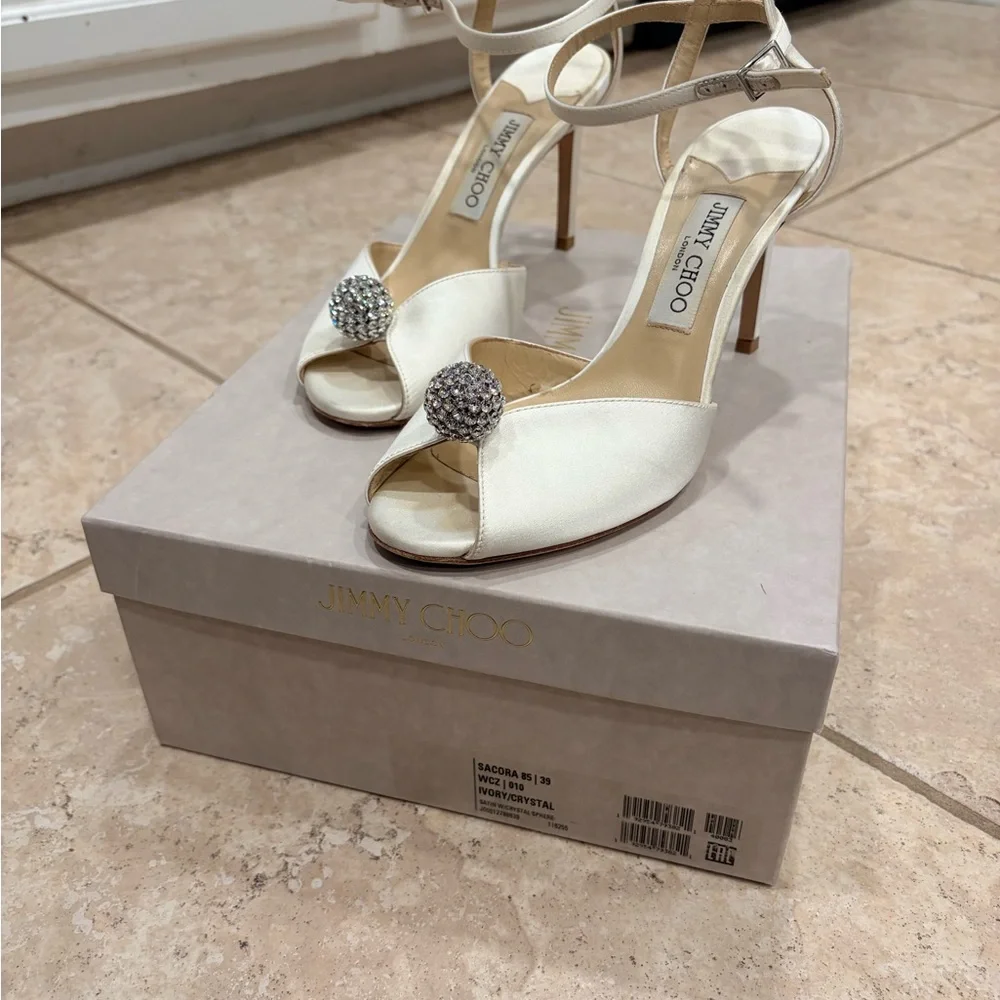 Sacora 85 Ivory Satin Sandals with Crystal-Embellished Sphere